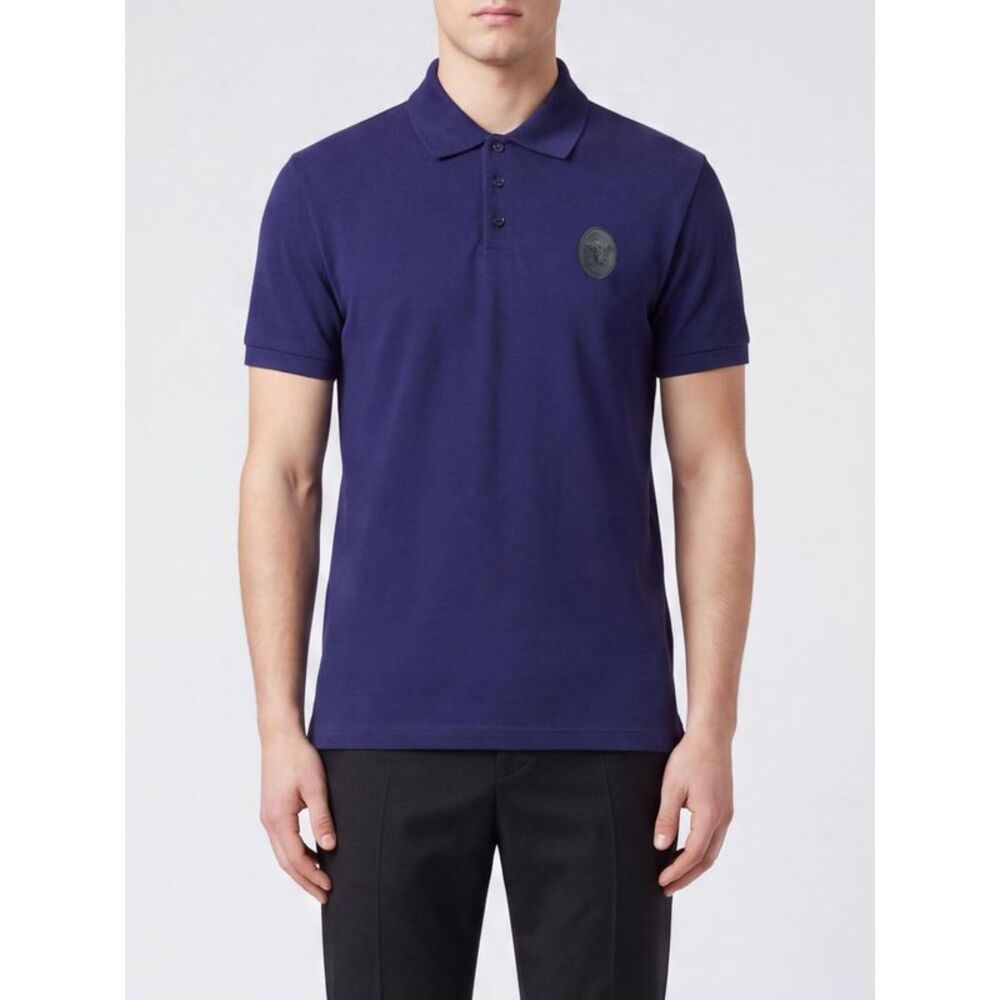 Versace Men Short-Sleeved Pique Cotton Polo Shirt Versace With Medusa Logo Patch